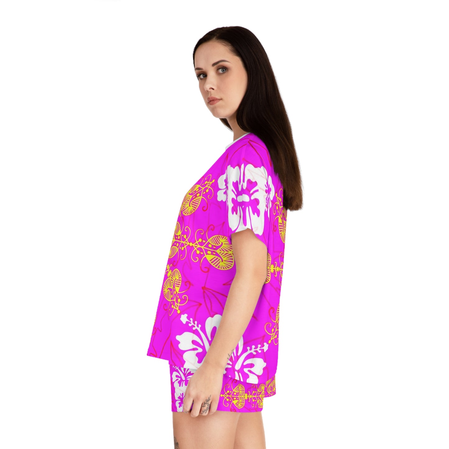 Zoezz Tropical Floral Women's Short Pajama Set - Vibrant Pink Sleepwear
