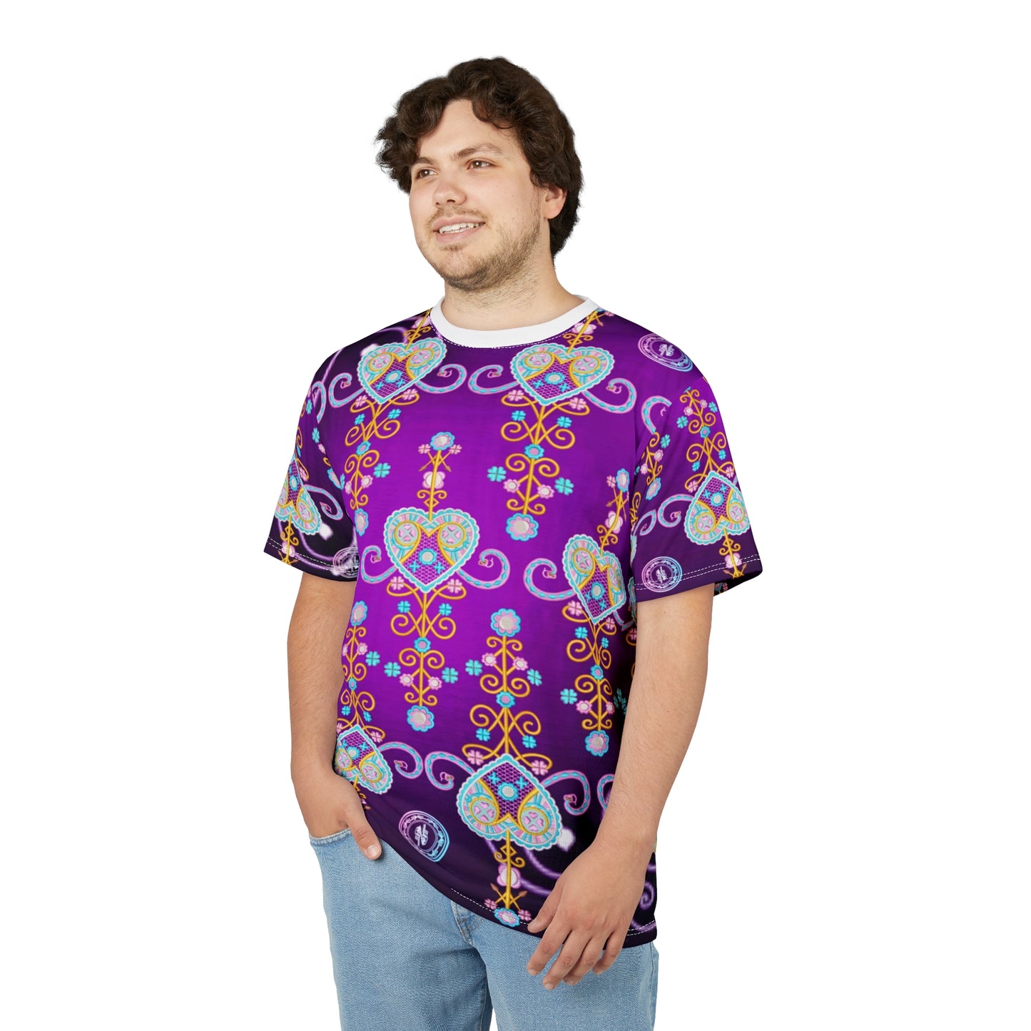 Colorful Heart Pattern Unisex Cut & Sew Tee - Perfect for Festivals & Celebrations