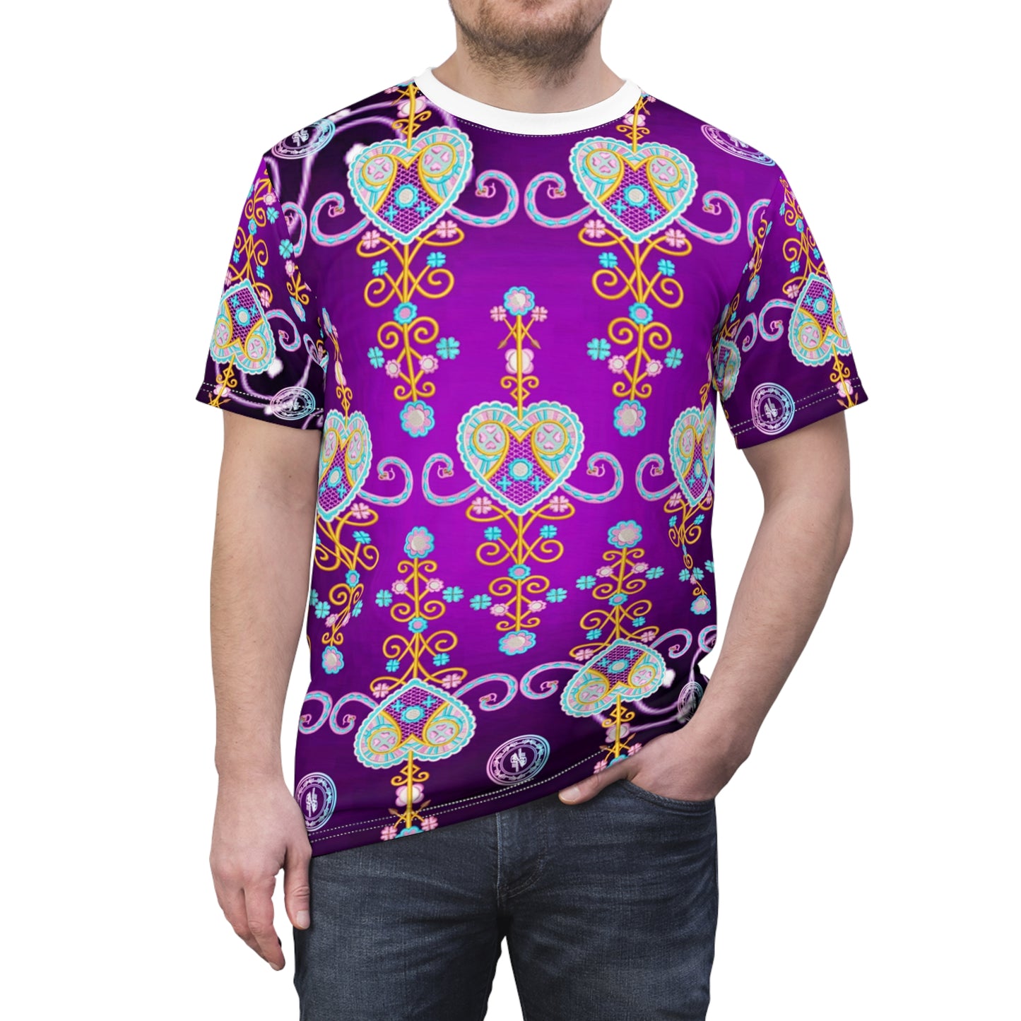 Colorful Heart Pattern Unisex Cut & Sew Tee - Perfect for Festivals & Celebrations